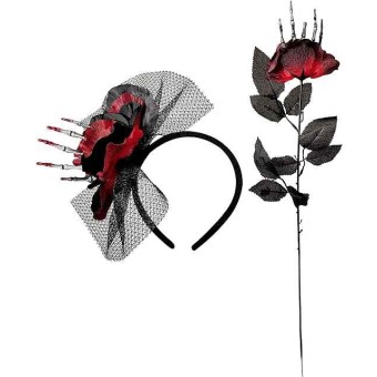 Pack de Diadema y Rosa con Mano de Esqueleto