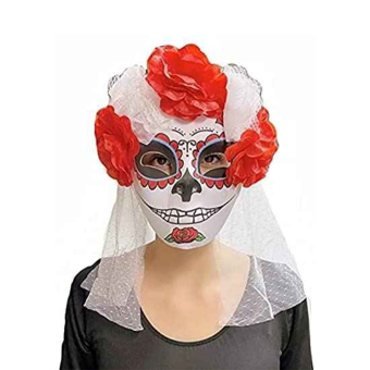 Máscara Catrina con Velo y Rosas - Disfraz Novia Halloween