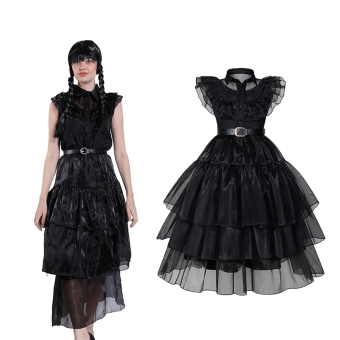 Disfraz Gótico Victoriano para Mujer – Estilo Merlina Wednesday con Vestido Negro Elegante