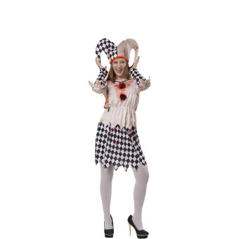 Disfraz Payasa Arlequín Sangrienta Mujer – Vestido Terror Halloween con Sombrero y Manchas de Sangre