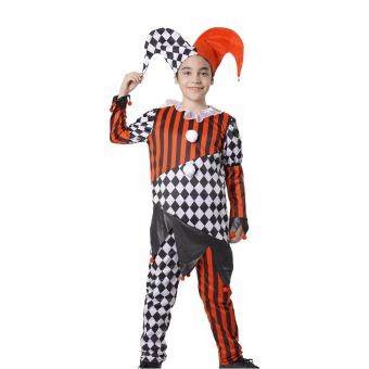 Disfraz Arlequín Niño – Conjunto Rombos Rojo y Negro con Sombrero