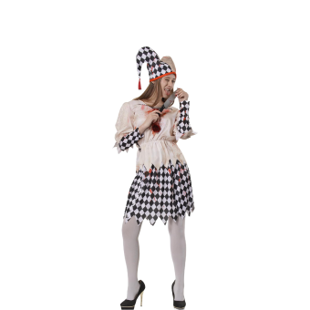 Disfraz Payasa Arlequín Sangrienta Mujer – Vestido Terror Halloween con Sombrero y Manchas de Sangre