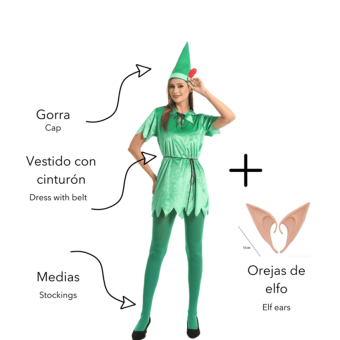 Disfraz Peter Pan Adulto 4 Piezas Gorra Orejas Vestido Medias – Disfraz Duende Verde Halloween Navidad Carnaval Cosplay