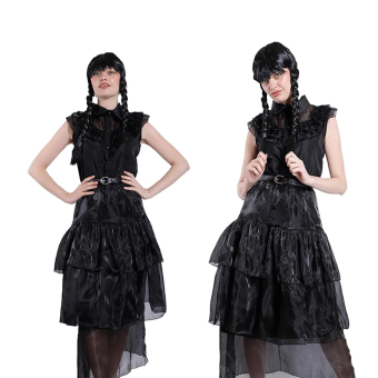 Disfraz Gótico Victoriano para Mujer – Estilo Merlina Wednesday con Vestido Negro Elegante