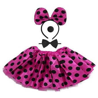 Conjunto de Disfraz para Carnaval Halloween y Fiesta Cosplay de Animales Minnie, Diadema de Lazo Grande con Puntos Nariz Pajarita y Falda para Mujeres, 4pcs (30CM, FUCSIA NEGRO)