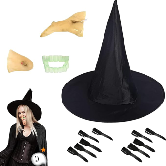 Pack de Accesorios de Bruja – Sombrero, Nariz, Barbilla, Uñas y Dientes Mujer