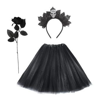 Pack Calavera, Mujer Elegante- Tutu Negro, Diadema y Rosa Decorativa