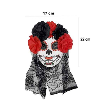 Máscara Catrina con Velo y Rosas - Disfraz Novia Halloween