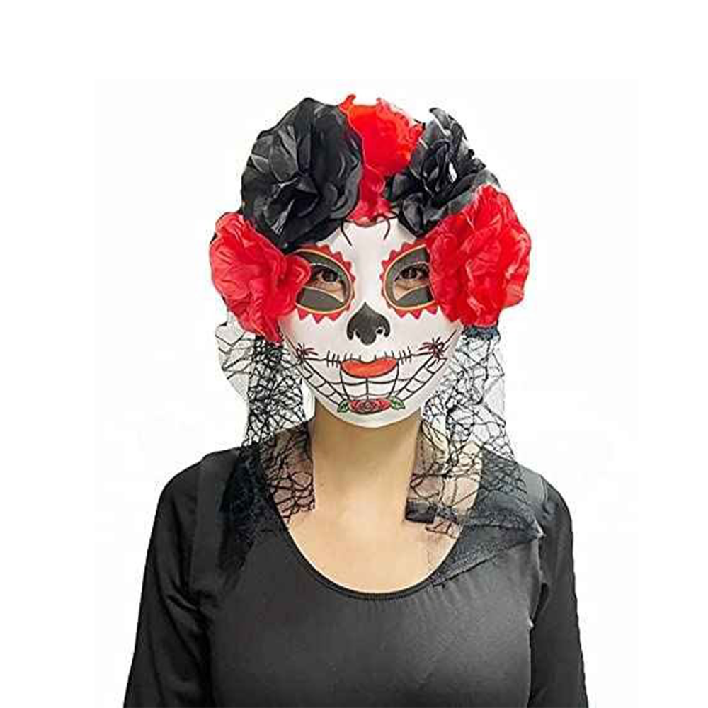 Máscara Catrina con Velo y Rosas - Disfraz Novia Halloween