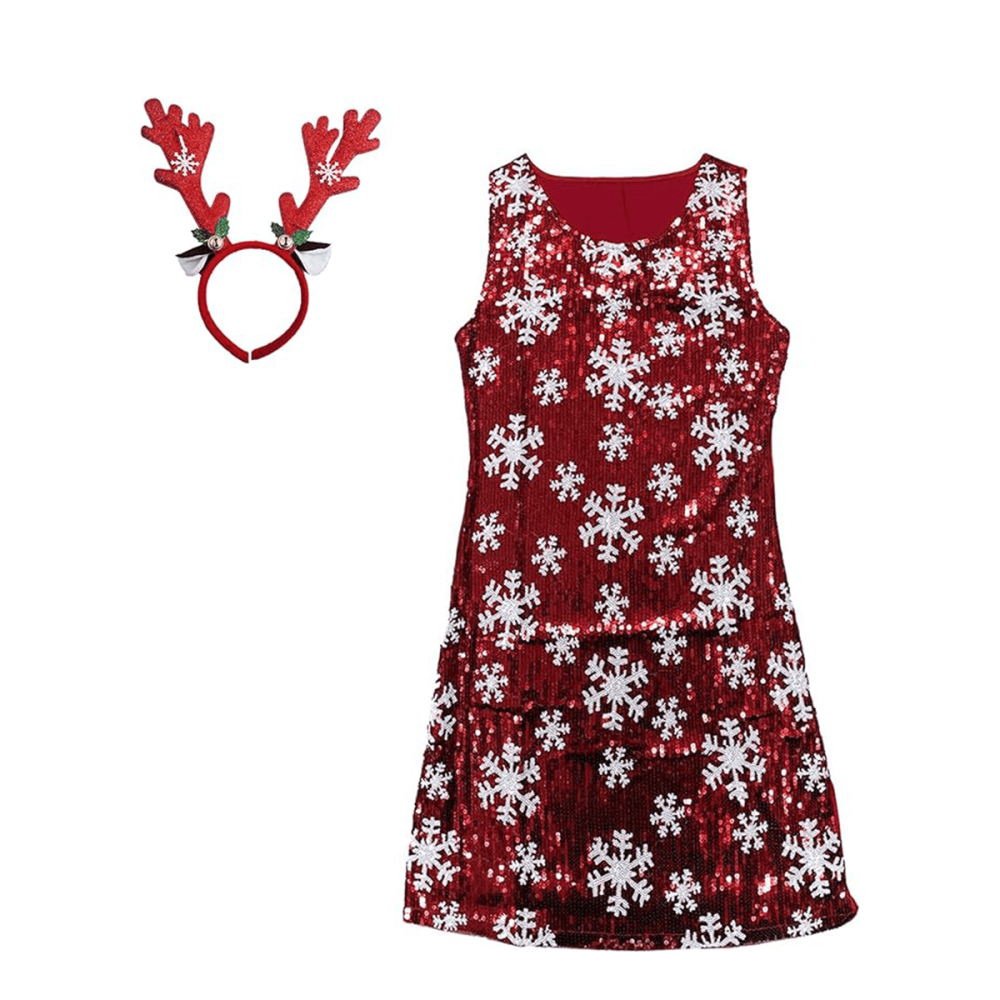 Vestido de Navidad con Lentejuelas y Tela Elástica para Mujer-Diseño Copos de Nieve