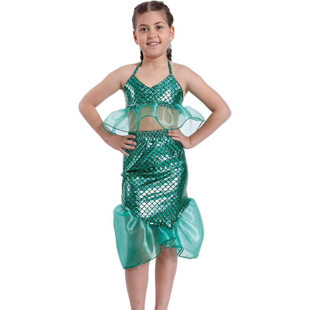 Disfraz de Sirena para Niña - Traje Brillante con Escamas y Volantes (Verde o Celeste)