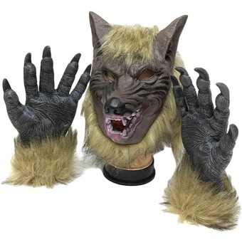 Máscara de cabeza de lobo con guantes 