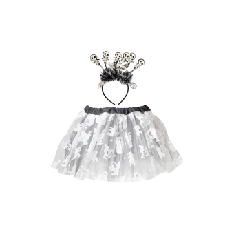 Pack tutú blanco de 300 cm con estampado de fantasmas y diadema con calaveras para Halloween.