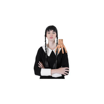 Peluca Miércoles Addams mujer con trenzas negras para Halloween.