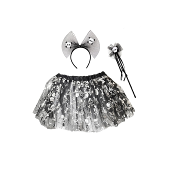 Tutú infantil negro de 30 cm con estampado de calaveras, diadema con lazo y varita a juego