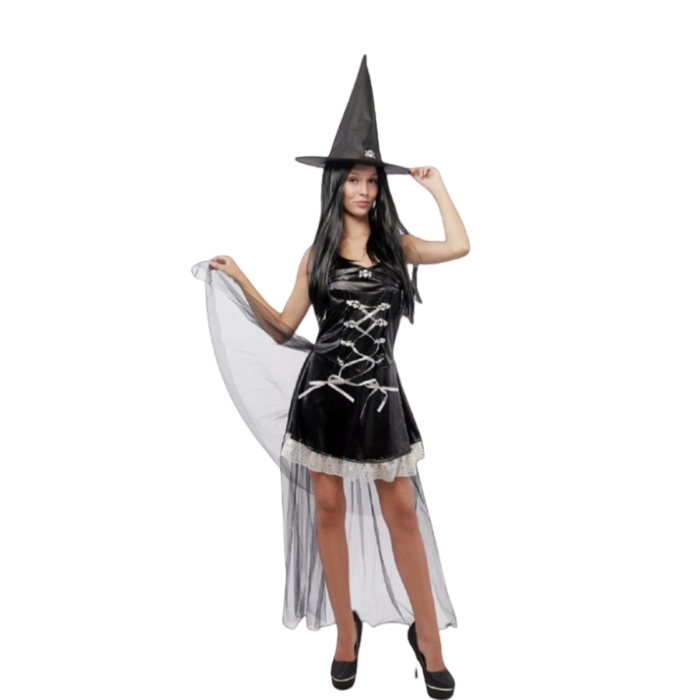 Disfraz de Bruja Gótica Sexy – Vestido Corto con Calavera y