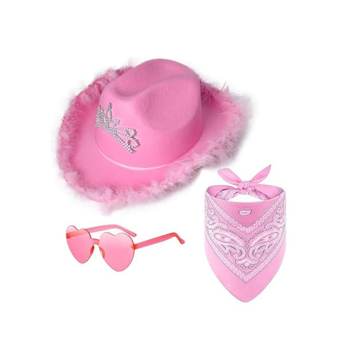 Sombrero Rosa Blanco Cowgirl Plumas Mujer, White Pink Cowboy Hat, Gorro  Vaquero Rosa Sombrero Cowboy Cowgirl de Vaquero+PañueloAlgodón+Gafa  Corazones (Infantil)