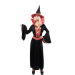 disfraz bruja mujer vestido largo negro, disfraz bruja con corset rojo falso, disfraz bruja cuello alto sombrero, disfraz Halloween elegante mujer
