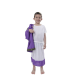 Disfraz de romano para niño, túnica blanca con banda morada con diseño negro y dorado, y corona de laurel dorada.