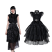 disfraz gótico mujer Wednesday, vestido largo Merlina negro, disfraz estilo Wednesday Addams