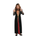 disfraz vampira elegante niña, vestido largo negro con cuello alto, disfraz Halloween con broche brillante
