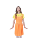 Disfraz de niña inspirado en la muñeca del Juego del Calamar, con vestido de una sola pieza en tonos amarillo y naranja.