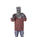 disfraz de hombre lobo feroz que incluye máscara gris realista, camisa de cuadros desgarrada y guantes con garras. Look salvaje y detallado.