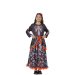 disfraz de Catrina con vestido largo negro, diseño de esqueleto y falda de calaveras de colores. Ideal para Halloween o Día de los Muertos.
