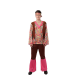 Disfraz hippie hombre con pantalón acampanado rosa, camiseta floral, chaleco marrón con flecos y cinta para la cabeza a juego