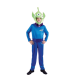 Disfraz infantil de marciánito de Toy Story, compuesto por mono azul, cinturón y cabeza de marciáno verde