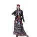 Disfraz de Catrina Mexicana para mujer - Vestido largo negro con detalles coloridos, huesos de esqueleto en rojo, flores rojas y encaje, ideal para Halloween y fiestas temáticas.