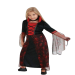 niña disfrazada de vampira gótica elegante, vestido negro largo con cuello alto y tul con arañas rojas, disfraz Halloween infantil estilo gótico