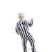 disfraz de Beetlejuice, vistiendo un traje de rayas blancas y negras.