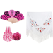 Pack de accesorios flamenco fucsia, incluye abanico con lunares negros, peineta fucsia con flor y mantón blanco con flores flamencas.