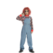 Disfraz infantil de Chucky con mono azul y camiseta de rayas, ideal para Halloween y fiestas de disfraces.