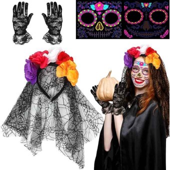 Pack de Diadema Catrina + Tatuajes + 1 par de Guantes de Encaje