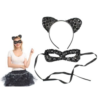 Pack de Diadema de Gato y Antifaz de Encaje