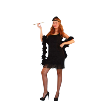 Disfraz charleston mujer con vestido de flecos y tocado con pluma años 20