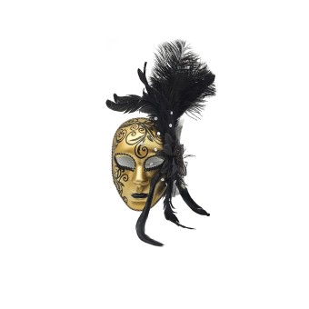 Máscara veneciana dorada con plumas negras y pedrería lateral para baile de máscaras y Carnaval