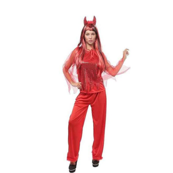 Disfraz de diablesa rojo, compuesto por camiseta con lentejuelas en la parte delantera, mangas de encaje y tul, pantalón ajustado y diadema roja con cuernos