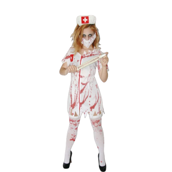 disfraz enfermera zombie sexy mujer, bata con cremallera ensangrentada, disfraz Halloween enfermera con mascarilla, tocado enfermera terror mujer