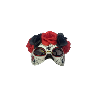 Máscara de media cara de Catrina con diseño de arañas, telas de araña y flores para adulto en plástico resistente con ajuste elástico