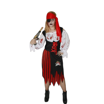 disfraz pirata zombie mujer, vestido pirata con efecto sangre, disfraz de corsaria terror, disfraz pirata con pañuelo ensangrentado