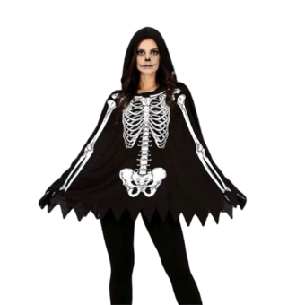 poncho esqueleto mujer Halloween, capa esqueleto negra talla única, disfraz fácil esqueleto mujer, poncho negro con huesos blancos