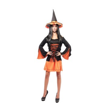 Disfraz de bruja sexy para mujer, vestido corto en lila y negro con corsé y sombrero puntiagudo. Ideal para Halloween y fiestas.