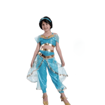 disfraz de Jasmín inspirado en Aladdín, con top de lentejuelas, pantalón bombacho y cinta para el cabello