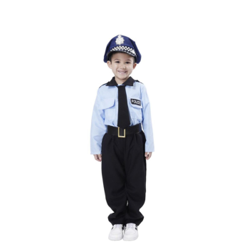 Disfraz de policía para niño con camisa de manga larga, bolsillo con texto 'POLICE', pantalones oscuros, cinturón y corbata. Ideal para fiestas y eventos temáticos. No incluye gorro.