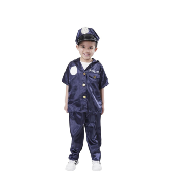 Disfraz de Policía para Niño con camisa azul de manga corta, pantalón a juego y gorra con placa. Incluye detalles como el texto ‘POLICÍA’ y bolsillo decorativo.