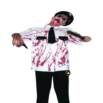 disfraz policía zombi hombre, camisa ensangrentada manga corta, disfraz Halloween uniforme zombi, disfraz muerto viviente policía