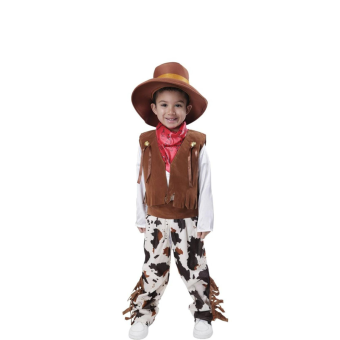 Disfraz de vaquero infantil con sombrero, pañuelo rojo estampado, chaleco marrón con flecos y chaps con estampado de vaquitas, ideal para fiestas temáticas y juegos de rol.